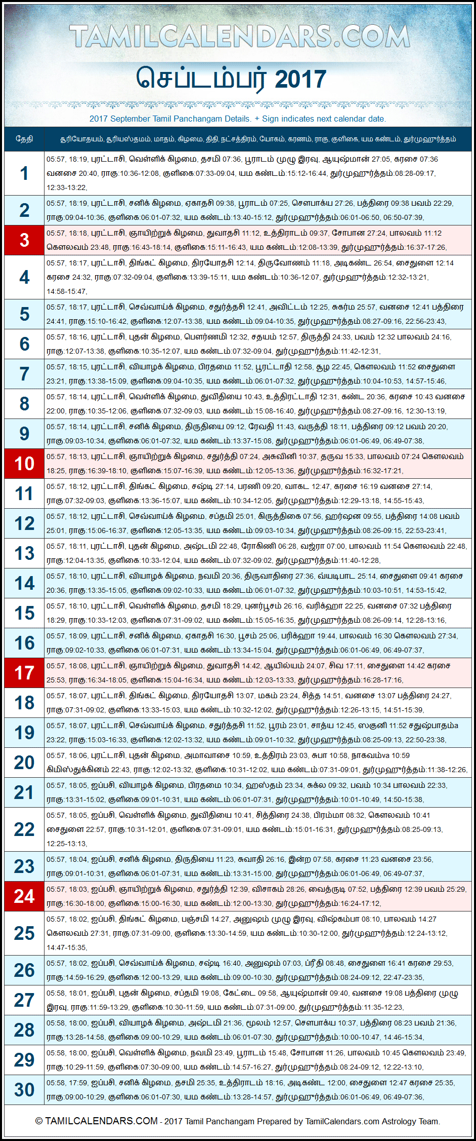 September 2017 Tamil Panchangam