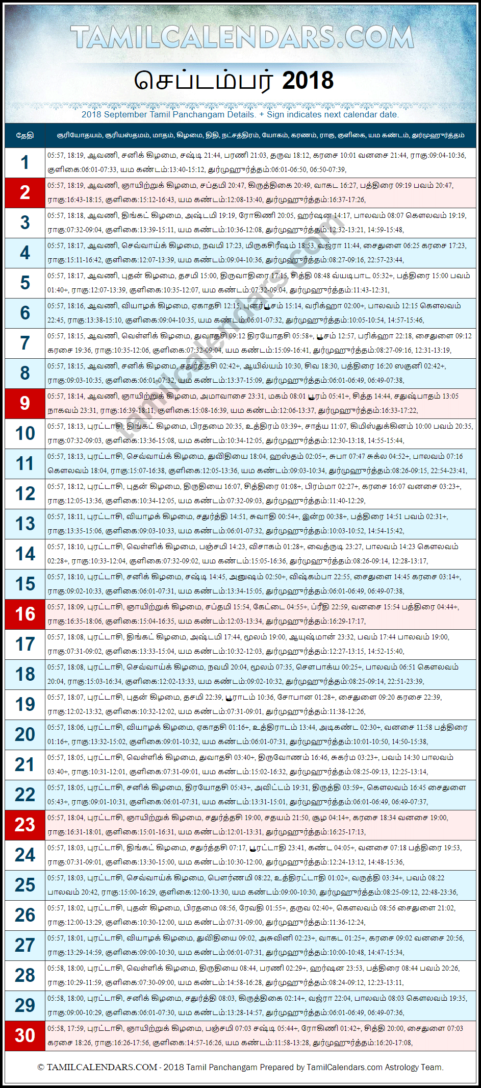 September 2018 Tamil Panchangam