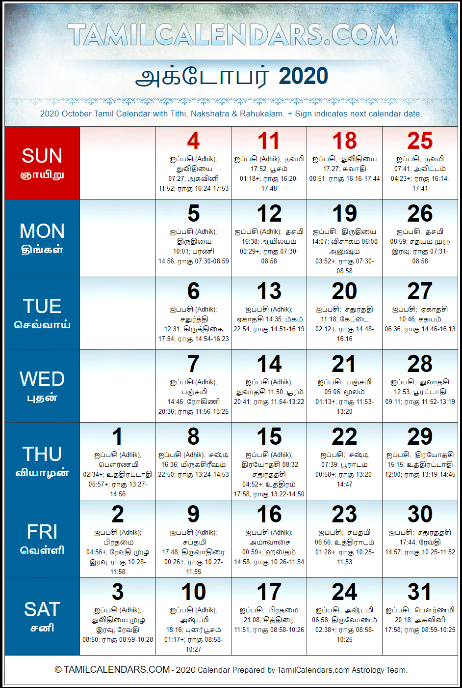 October 2020 Tamil Calendar