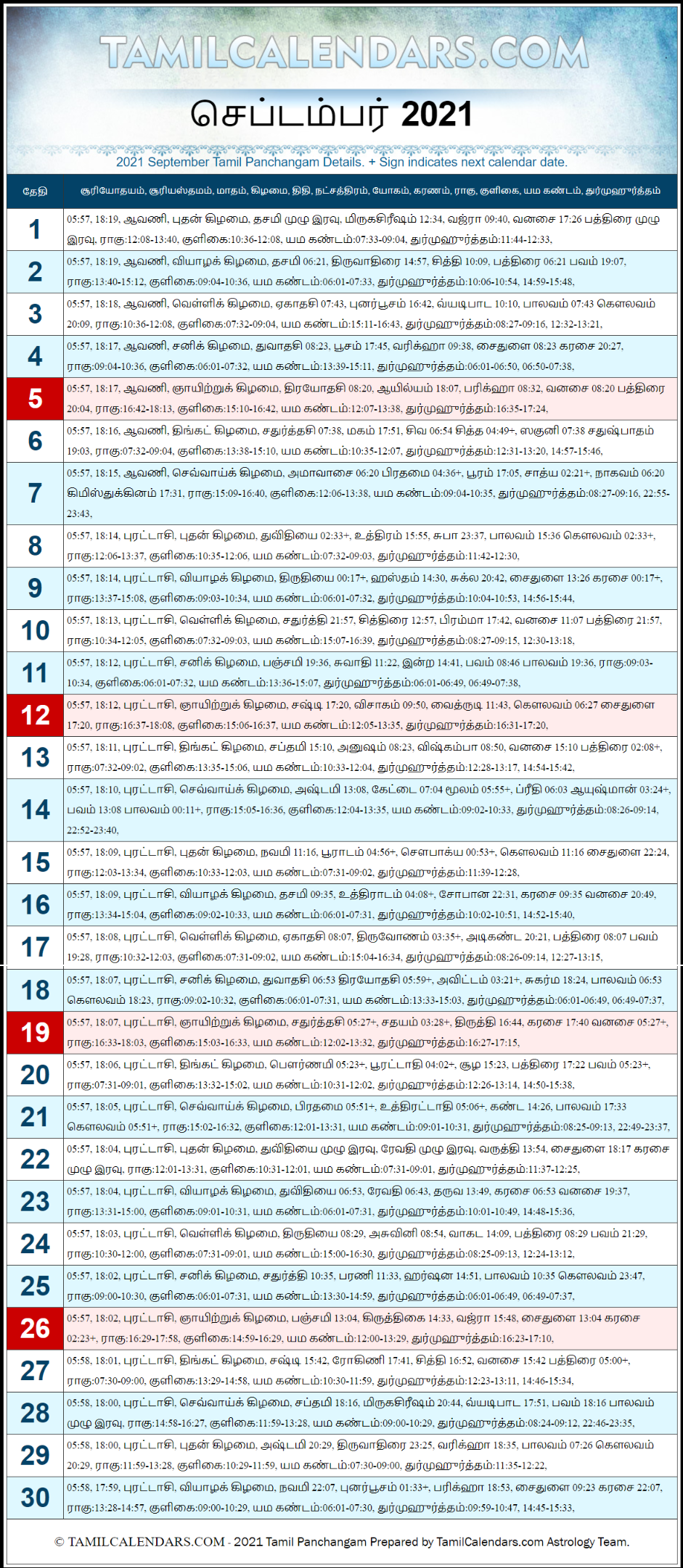 September 2021 Tamil Panchangam