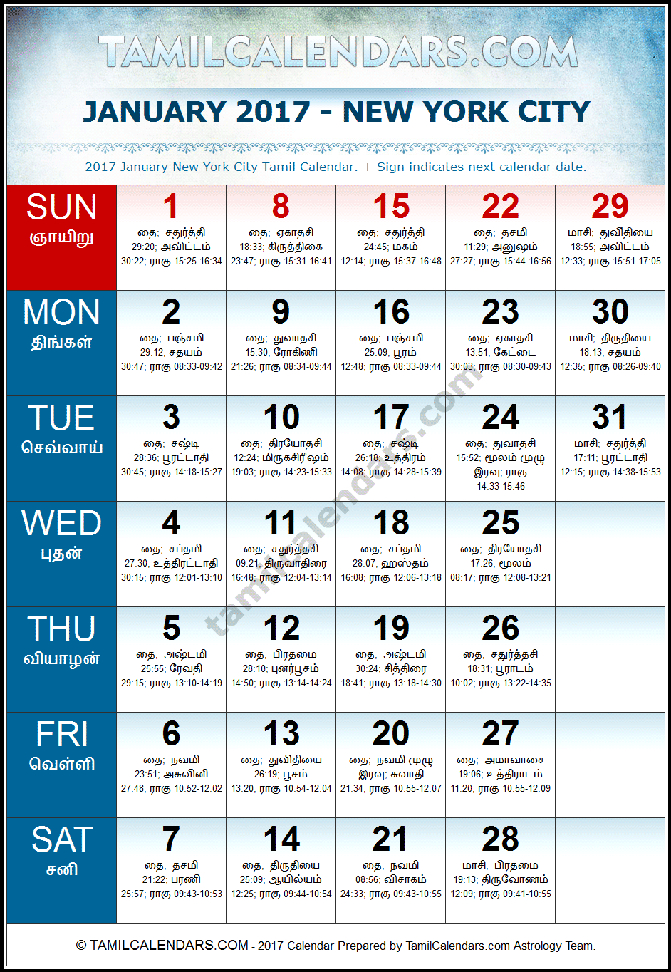 January 2017 Tamil Calendar for New York, USA